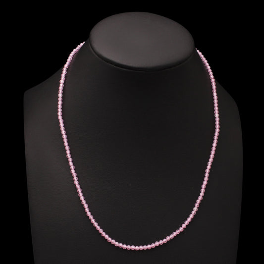 Tiny Pink Zircon Beaded Necklace, 3mm Faceted Round CZ Necklace
