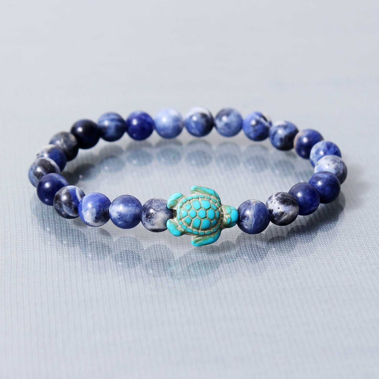 Sodalite And Turquoise Turtle Bracelet, Beach Vibes Stretch Bracelet