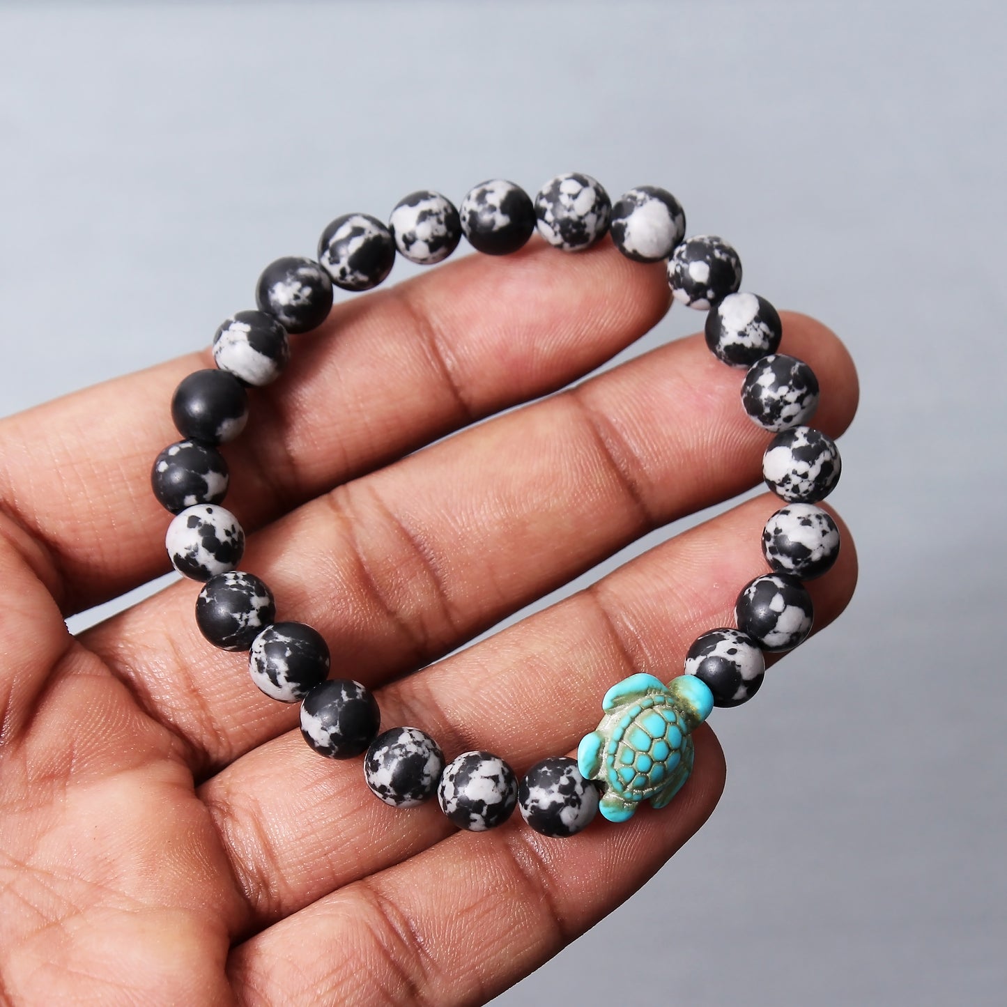 Snowflake Obsidian And Turquoise Turtle Bracelet, Beach Vibes Stretch Bracelet