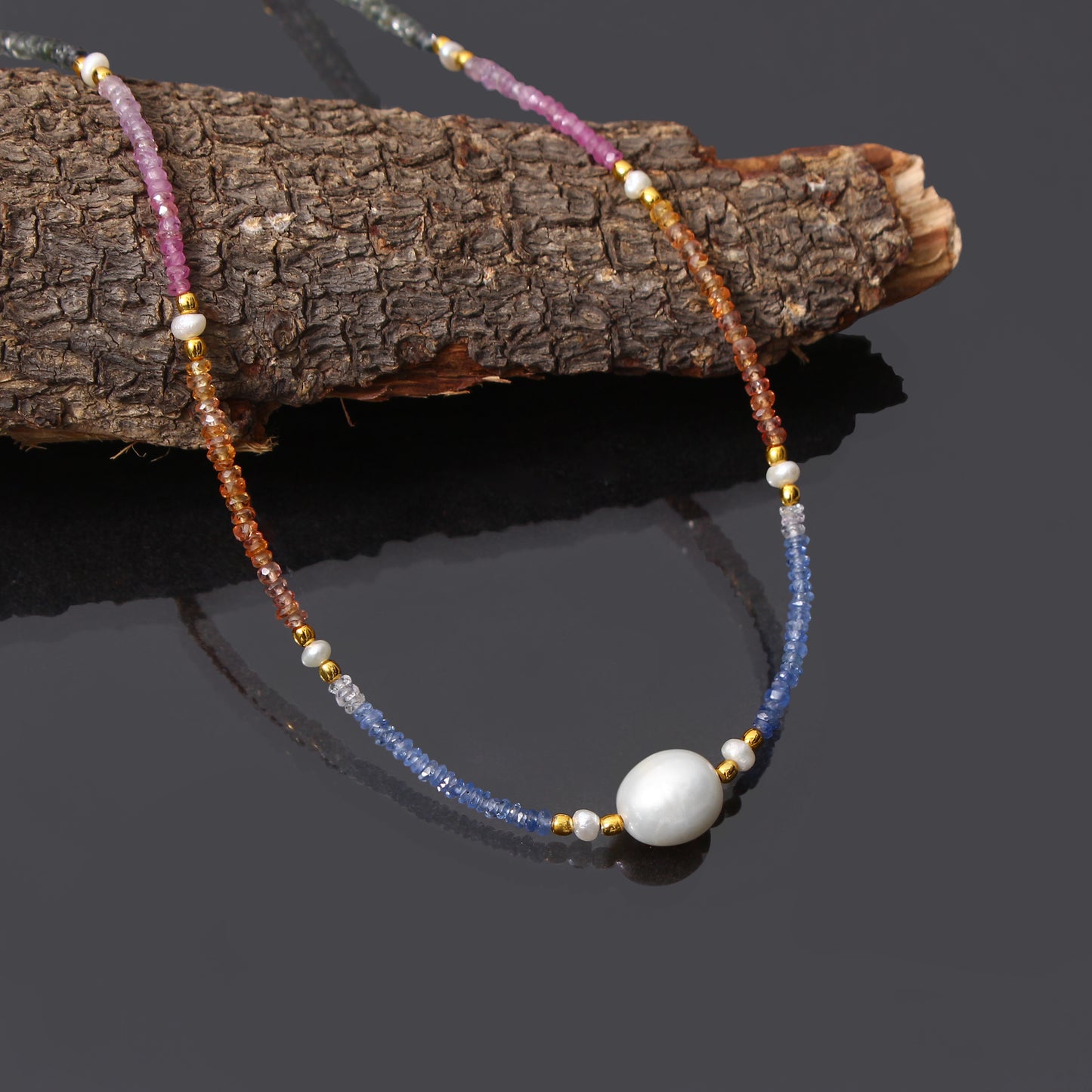 High Quality Multi Sapphire and Pearl Bead Necklace with Gold Plated Silver Clasp