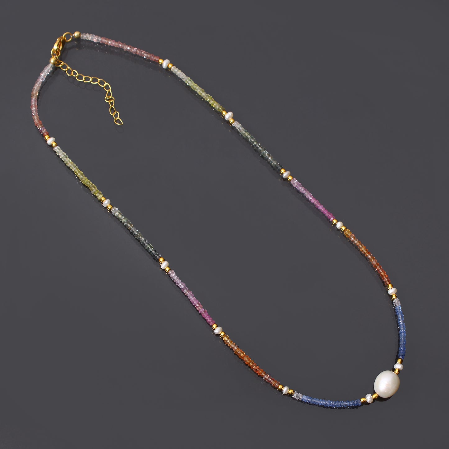 High Quality Multi Sapphire and Pearl Bead Necklace with Gold Plated Silver Clasp