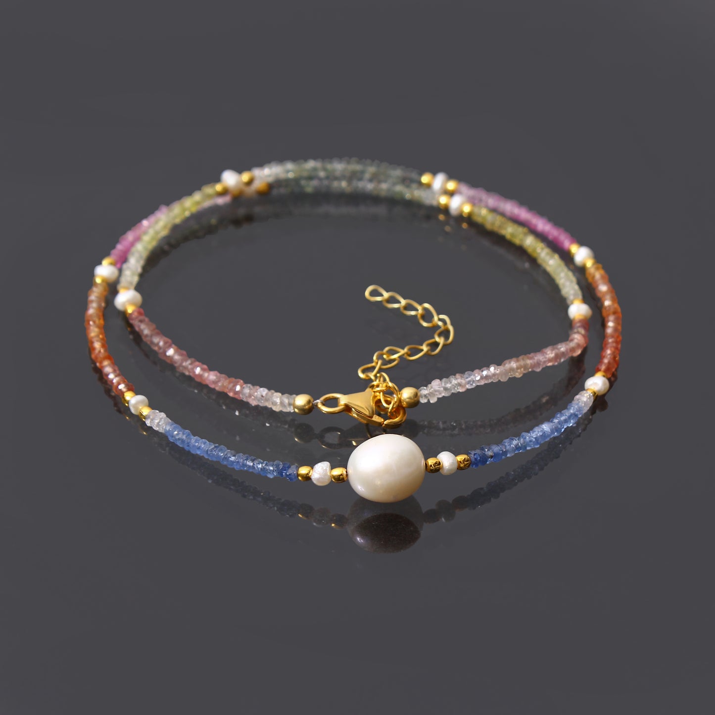 High Quality Multi Sapphire and Pearl Bead Necklace with Gold Plated Silver Clasp