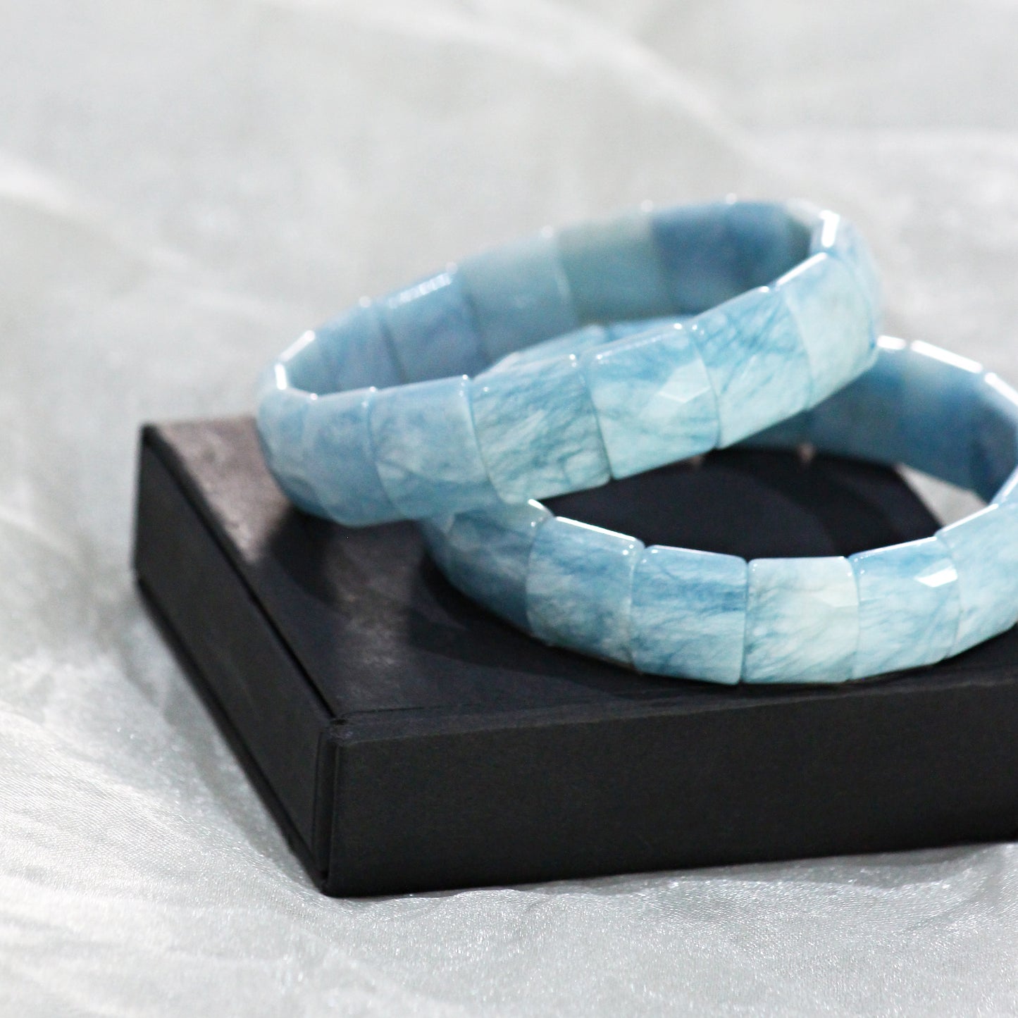 Aquamarine Gemstone Stretch Bracelet: Faceted Rectangular Beads, 7.5 Inch