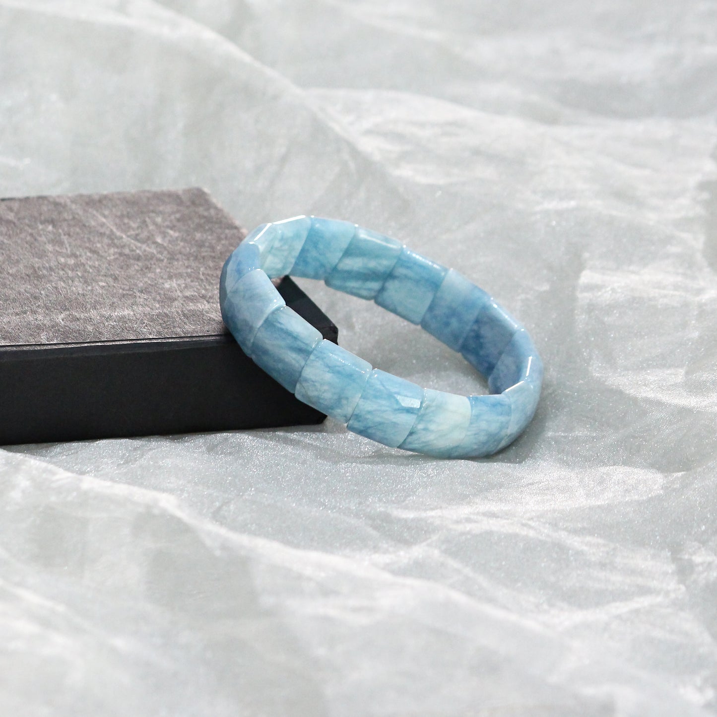 Aquamarine Gemstone Stretch Bracelet: Faceted Rectangular Beads, 7.5 Inch
