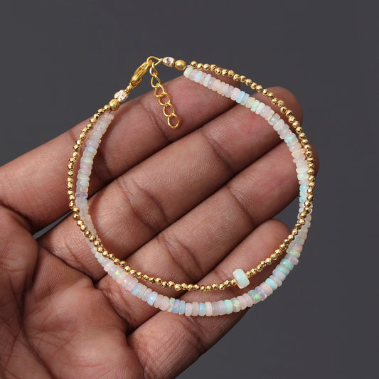 ethuiopian opal golden hematite double layered silver chain bracelet