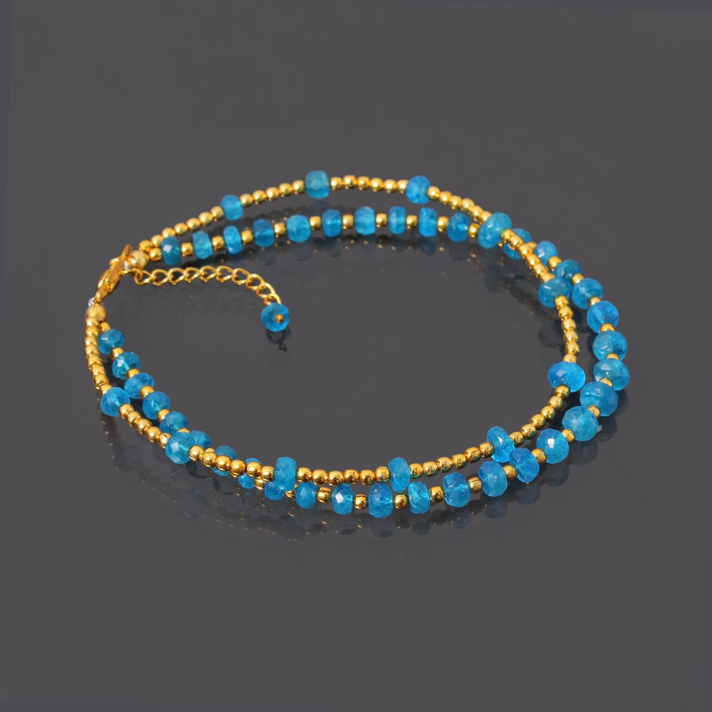 Blue Apatite and Golden Ball Double Layer Golden Chain Bracelet Lobster Clasp