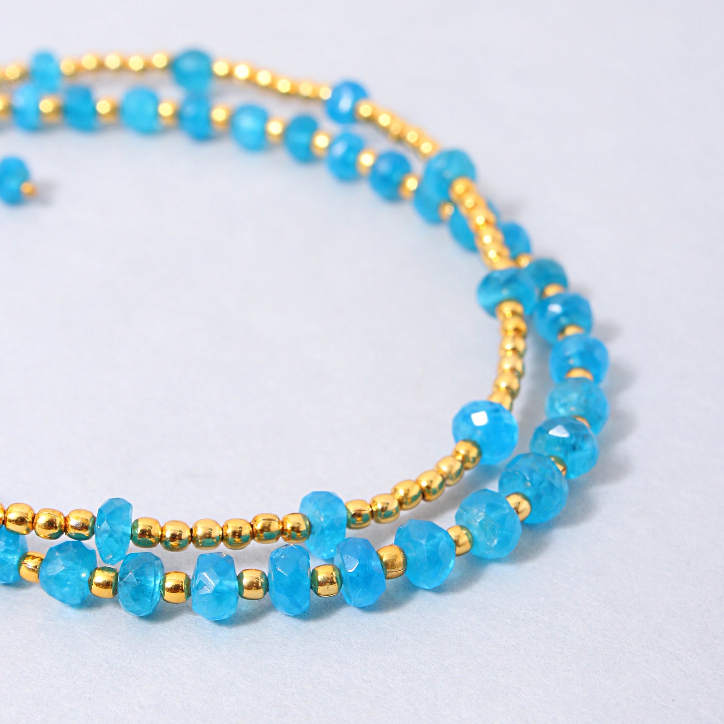 Blue Apatite and Golden Ball Double Layer Golden Chain Bracelet Lobster Clasp