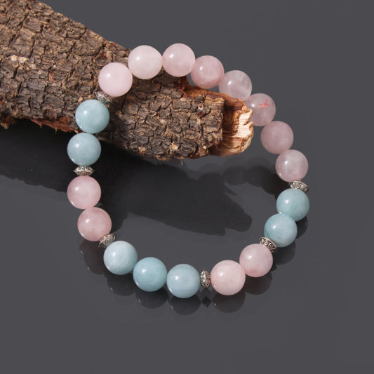 Aquamarine and Rose Quartz Gemstone Round Ball Bracelet - Beautiful Stretchable Bracelet
