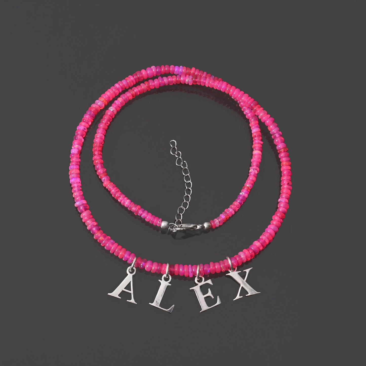 Pink Ethiopian Opal Personalized ALEX Necklace with SIlver Alphabet Charm