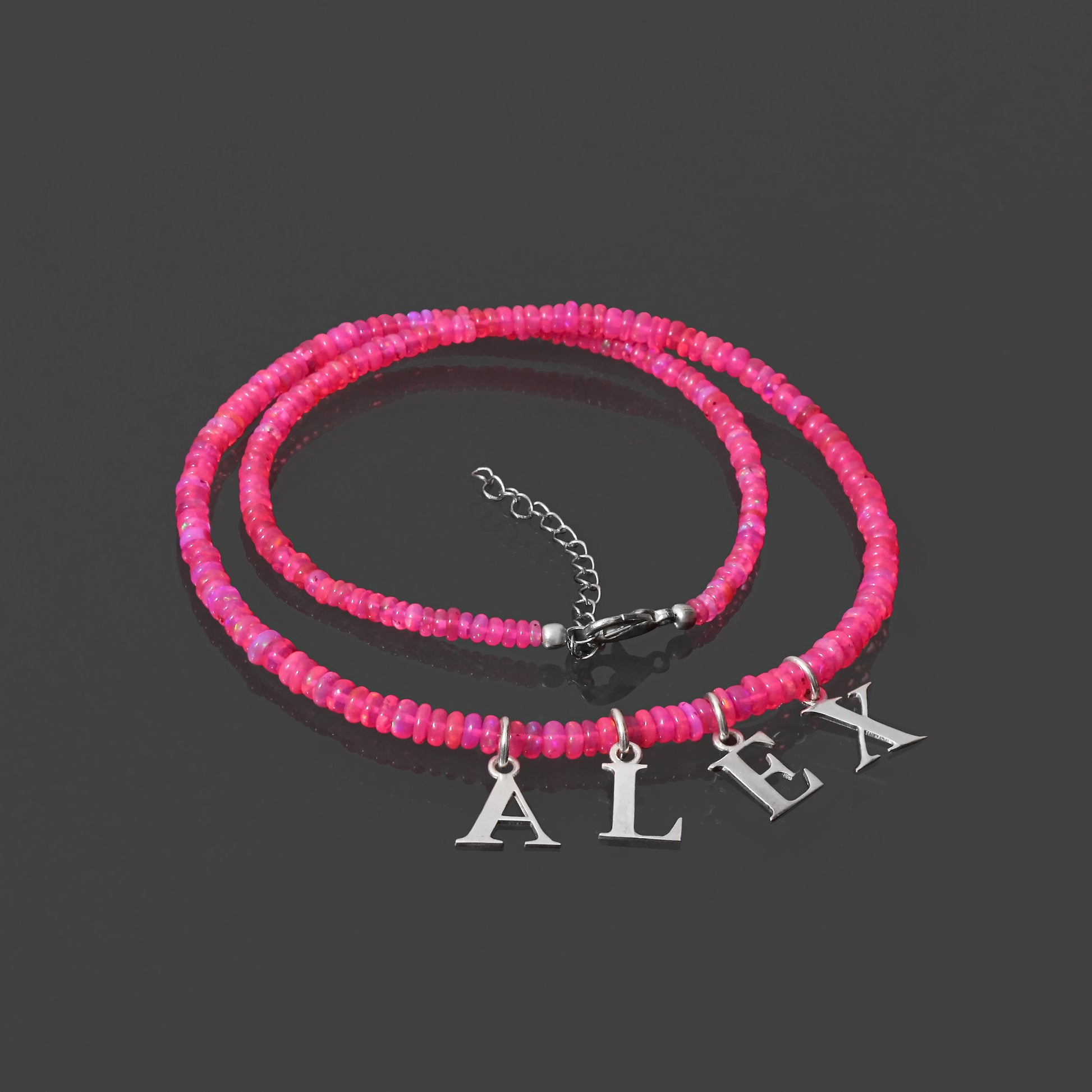 Pink Ethiopian Opal Rondelle Beads Necklace with SIlver  Alphabet ALEX name charm