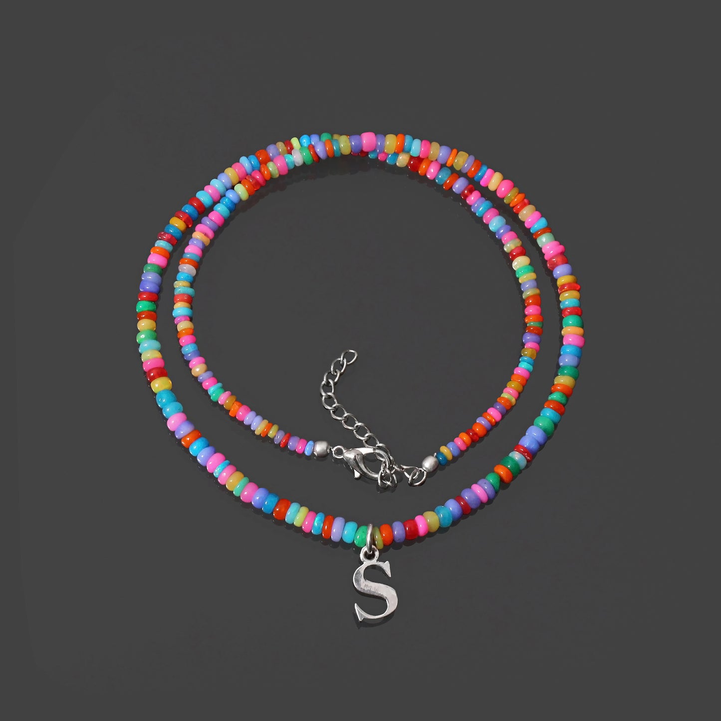 925 Silver A to Z letter Necklace with Multi Ethiopian Opal Gemstones