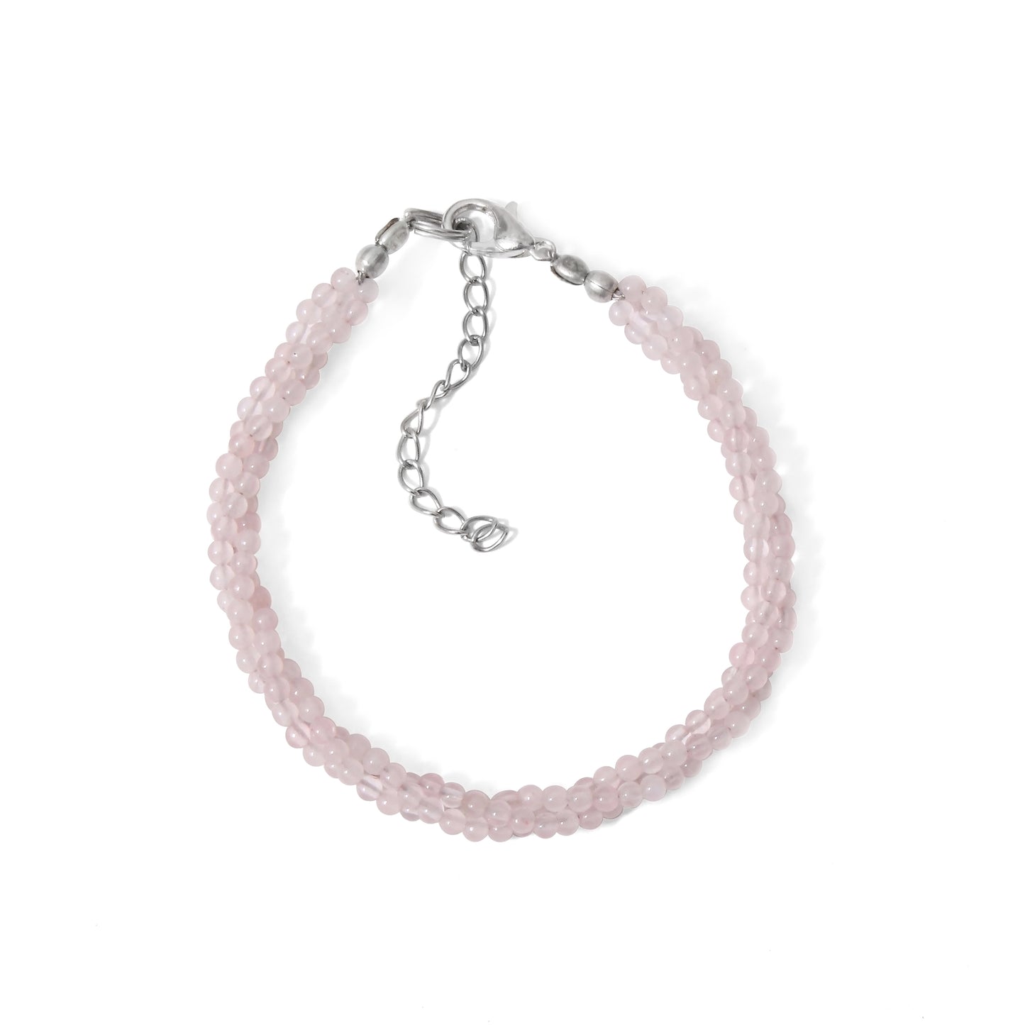 Rose Quartz Beaded Triple Layer Bracelet Silver Lock