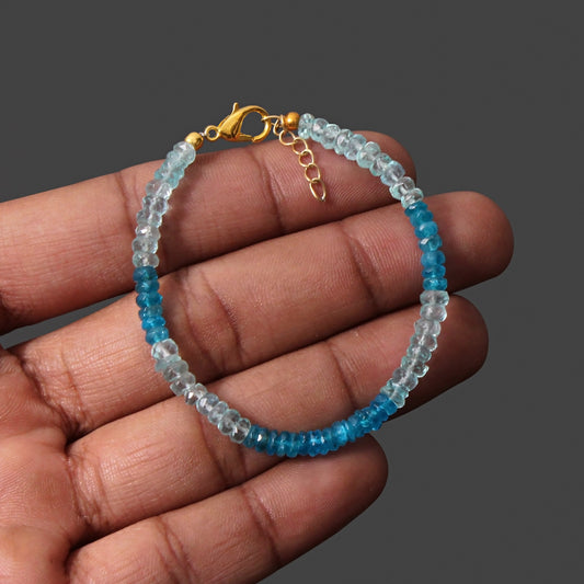 Apatite and aquamarine beaded bracelet with gold plated lobster lock