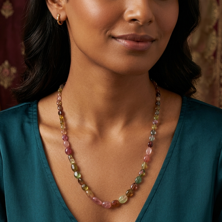 Natural Multi Tourmaline Plain Tumble Gemstone Necklace – Multicolor Tourmaline Beaded Statement Jewelry