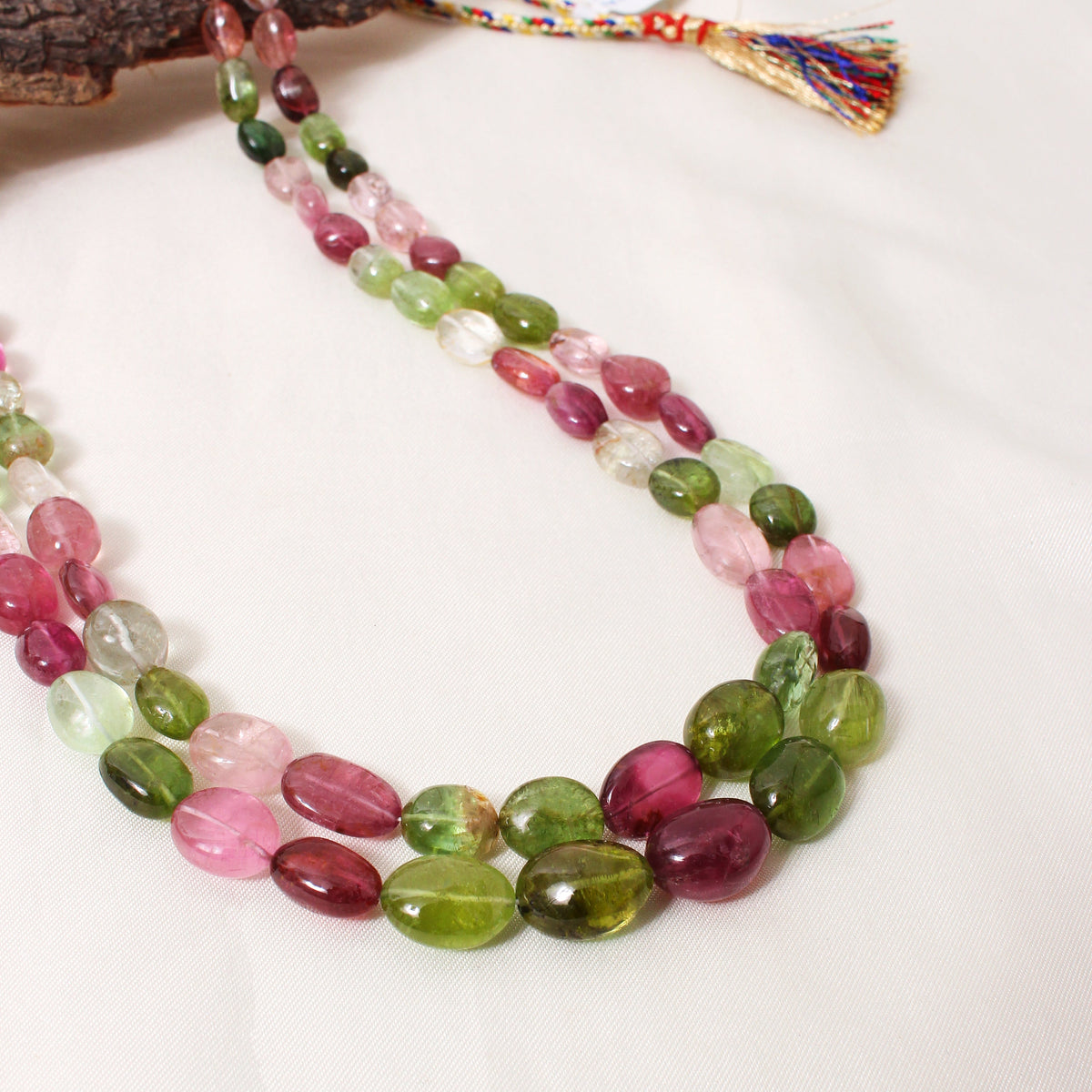 Natural Multi Tourmaline 2-Layer Gemstone Necklace – Plain Tumble Beads (6x8mm–11x15mm) Multi-Color Jewelry
