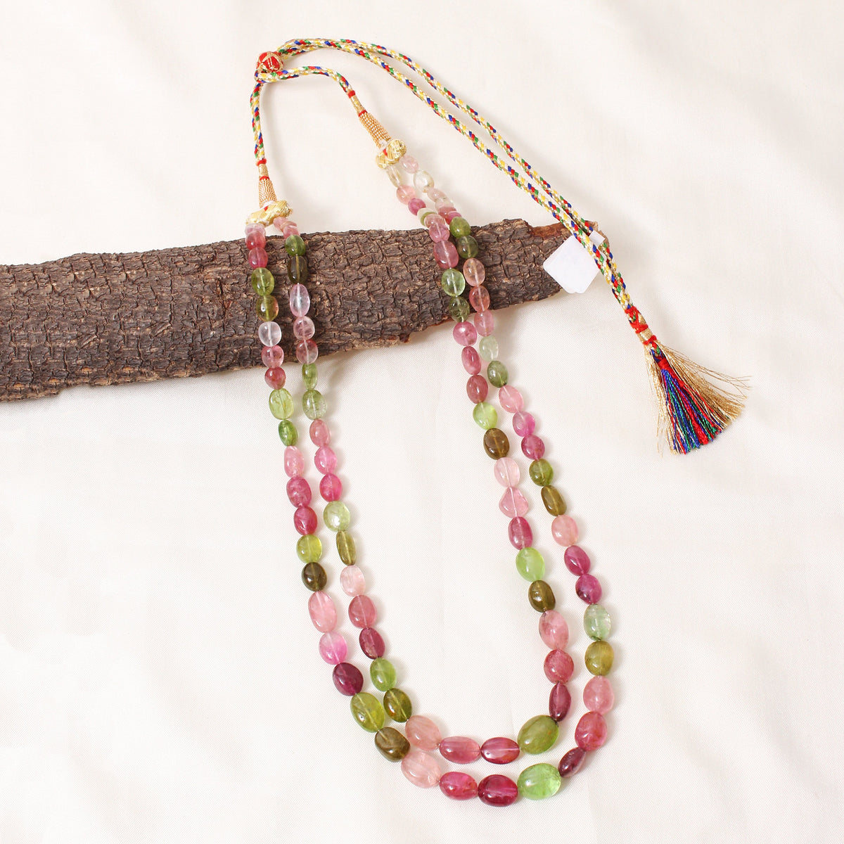 Natural Multi-Color Tourmaline Double Layer Gemstone Necklace – Plain Tumble Beaded Jewelry