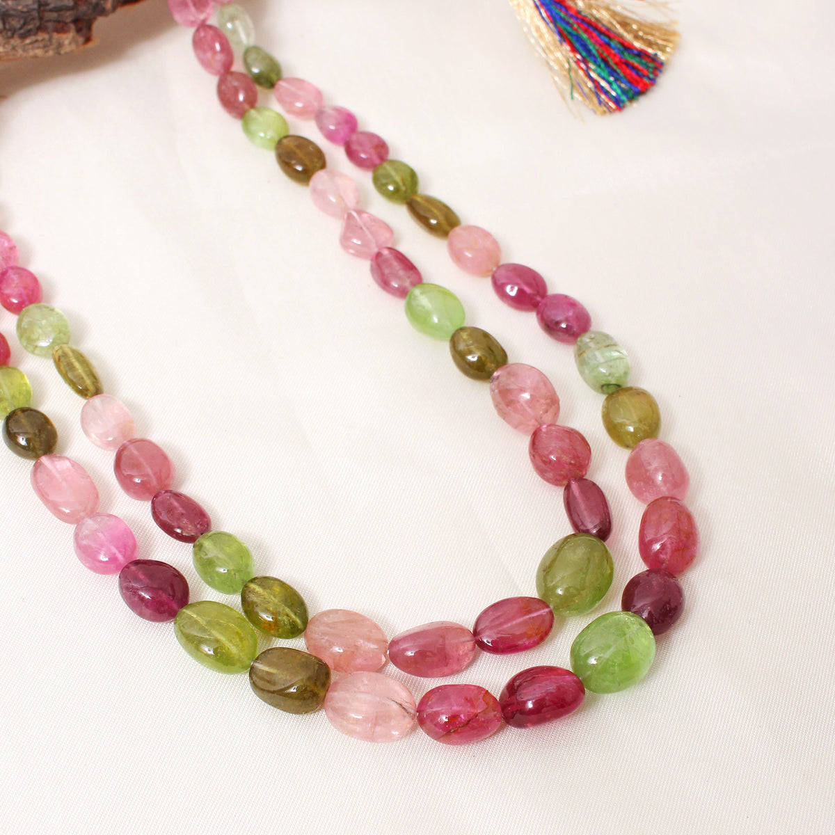 Natural Multi-Color Tourmaline Double Layer Gemstone Necklace – Plain Tumble Beaded Jewelry