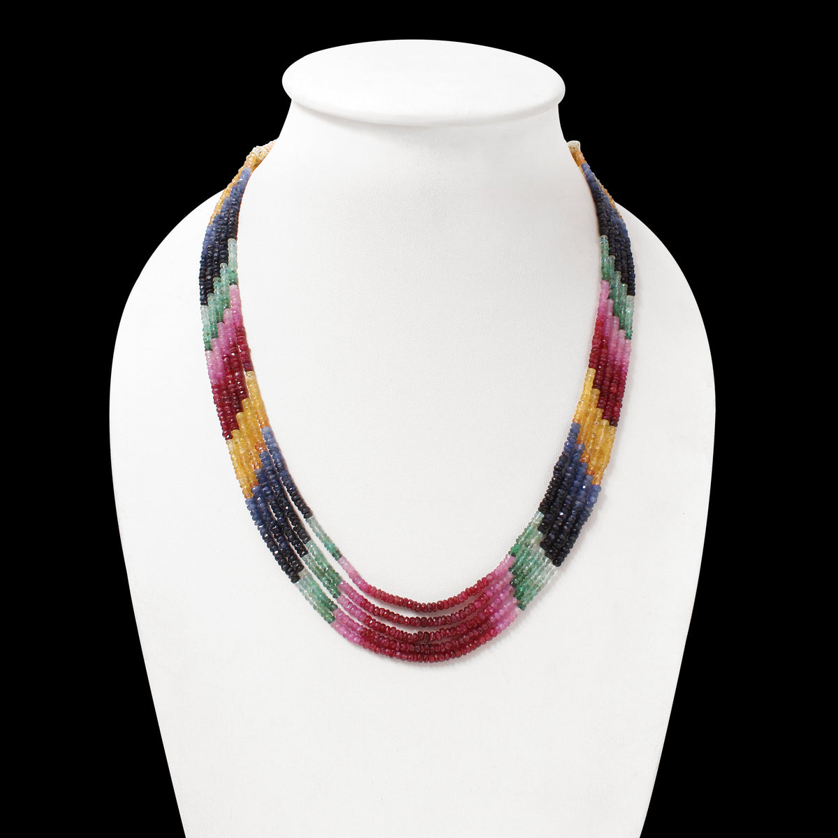 Multi-Precious Gemstone Necklace 5 Layers – Natural Ruby, Emerald, and Sapphire Faceted Rondelle Designer Gemstone Jewelry