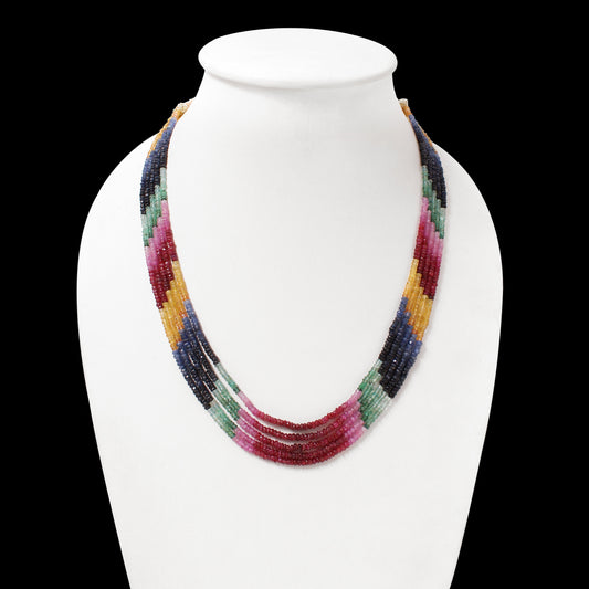 Multi-Precious Gemstone Necklace 5 Layers – Natural Ruby, Emerald, and Sapphire Faceted Rondelle Designer Gemstone Jewelry