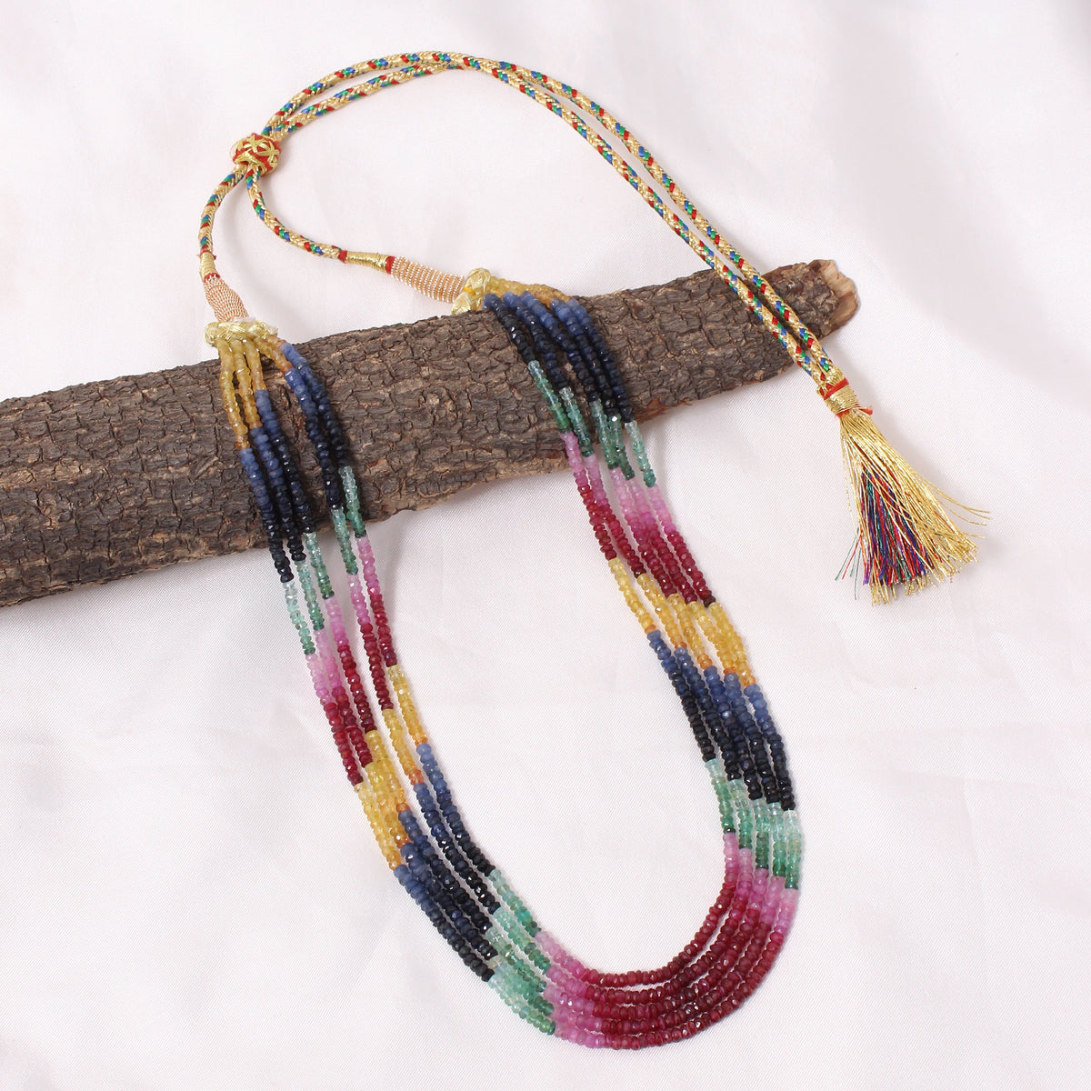 Multi-Precious Gemstone Necklace 5 Layers – Natural Ruby, Emerald, and Sapphire Faceted Rondelle Designer Gemstone Jewelry