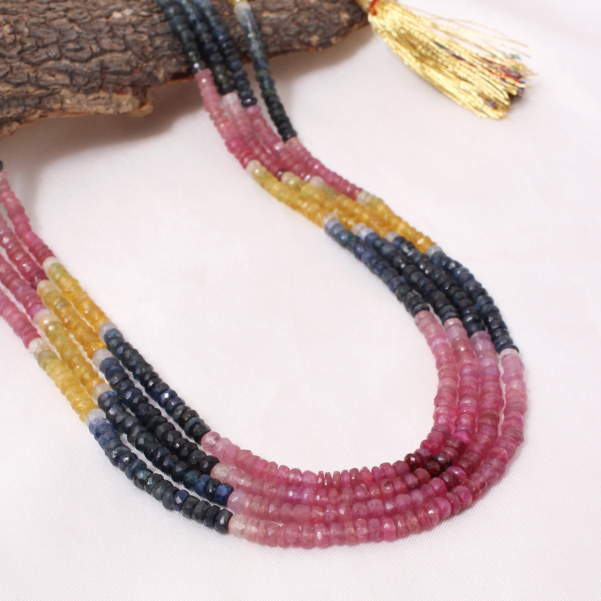 Natural Multi Sapphire 4-Layer Gemstone Necklace – Faceted Rondelle Beads 4–4.25 mm | Luxury Statement Jewelry