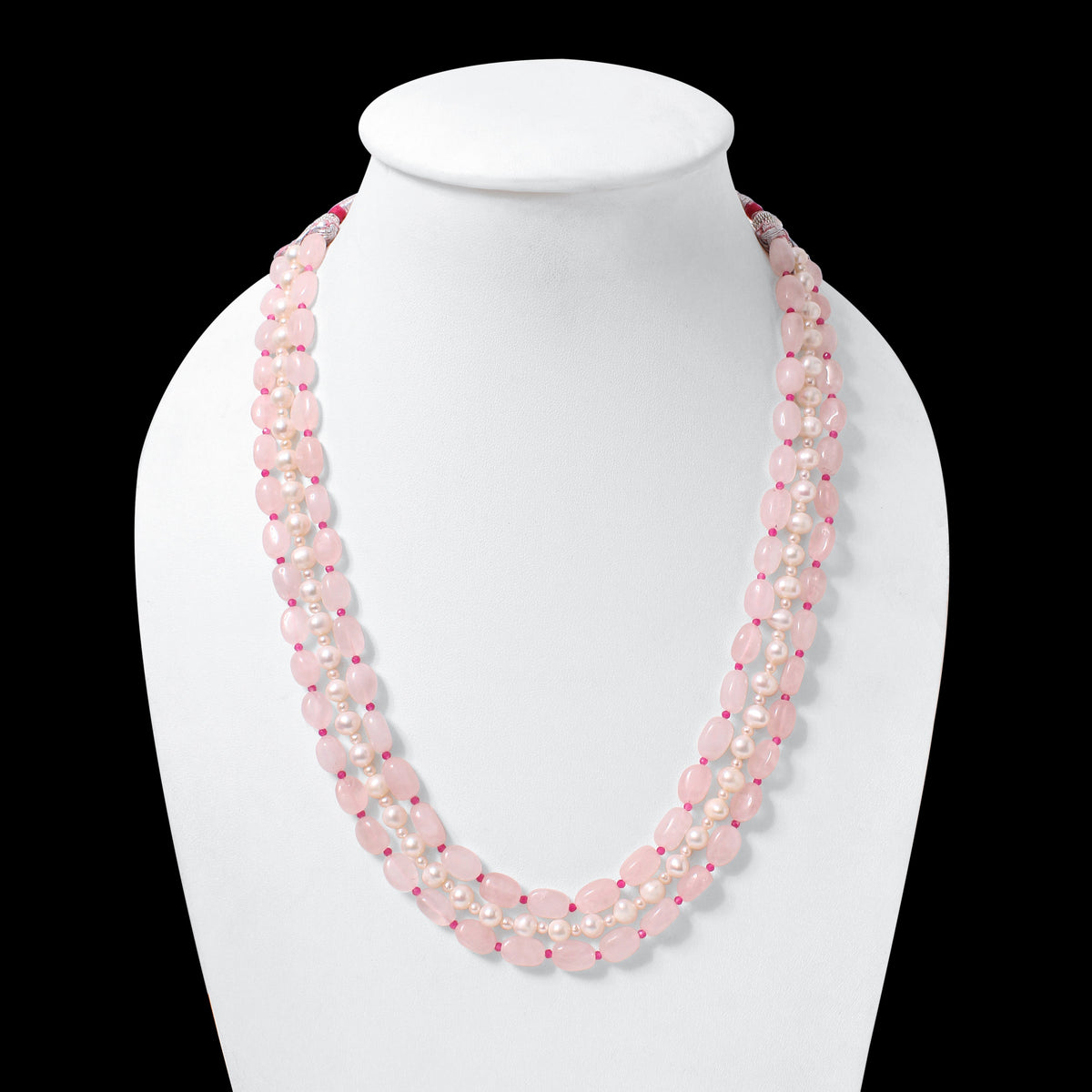 Natural Rose Quartz, Pearl & Pink Quartz 3 Layer Gemstone Necklace – Elegant Multi-Strand Gemstone Jewelry for Women