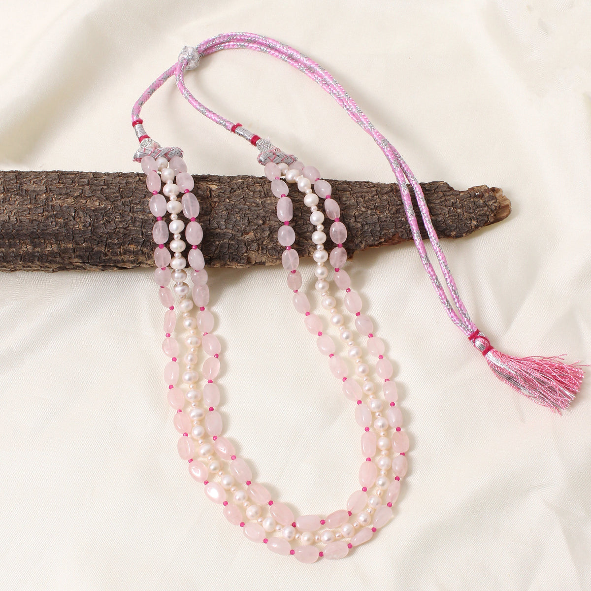 Luxury Rose Quartz & Pearl Gemstone Necklace – 3 Strand Plain Tumble Beaded Feminine Statement Piece