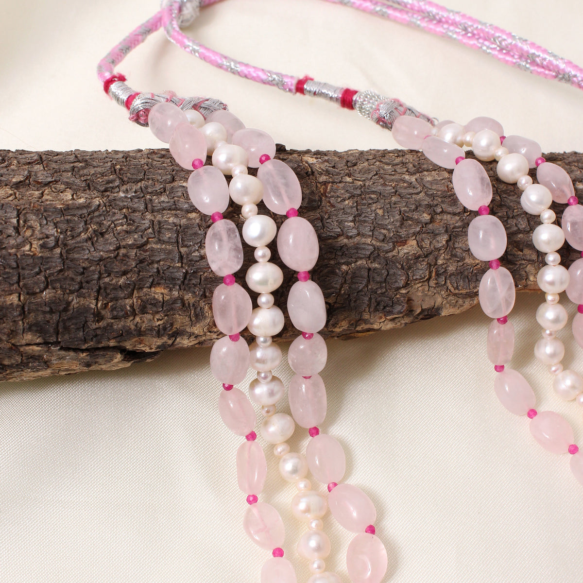 Luxury Rose Quartz & Pearl Gemstone Necklace – 3 Strand Plain Tumble Beaded Feminine Statement Piece