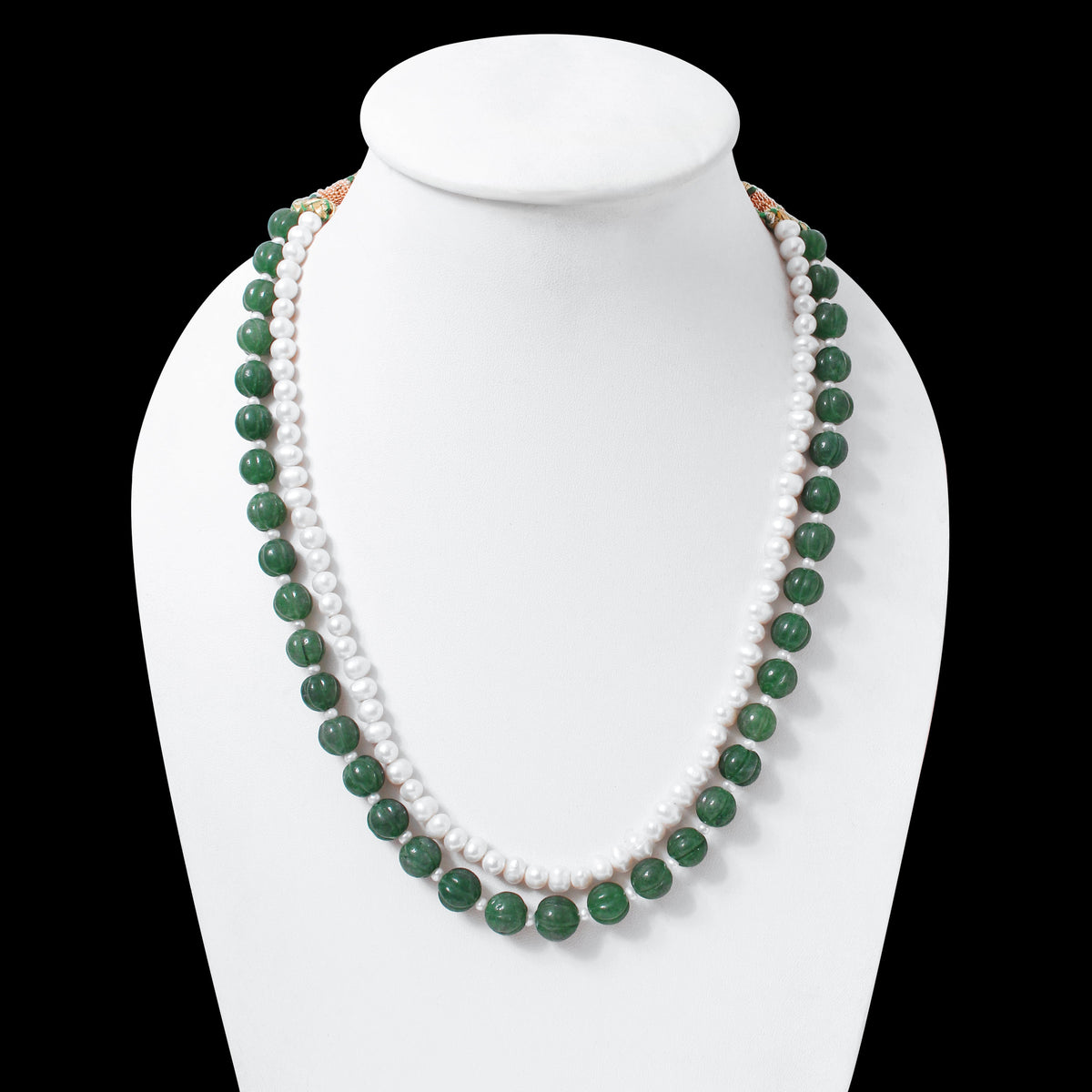 Green Aventurine & Pearl 2-Layer Gemstone Necklace – Plain Oval Muskmelon Beads | Elegant Healing Gemstone Jewelry