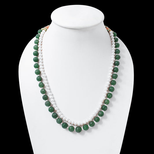 Green Aventurine & Pearl 2-Layer Gemstone Necklace – Plain Oval Muskmelon Beads | Elegant Healing Gemstone Jewelry