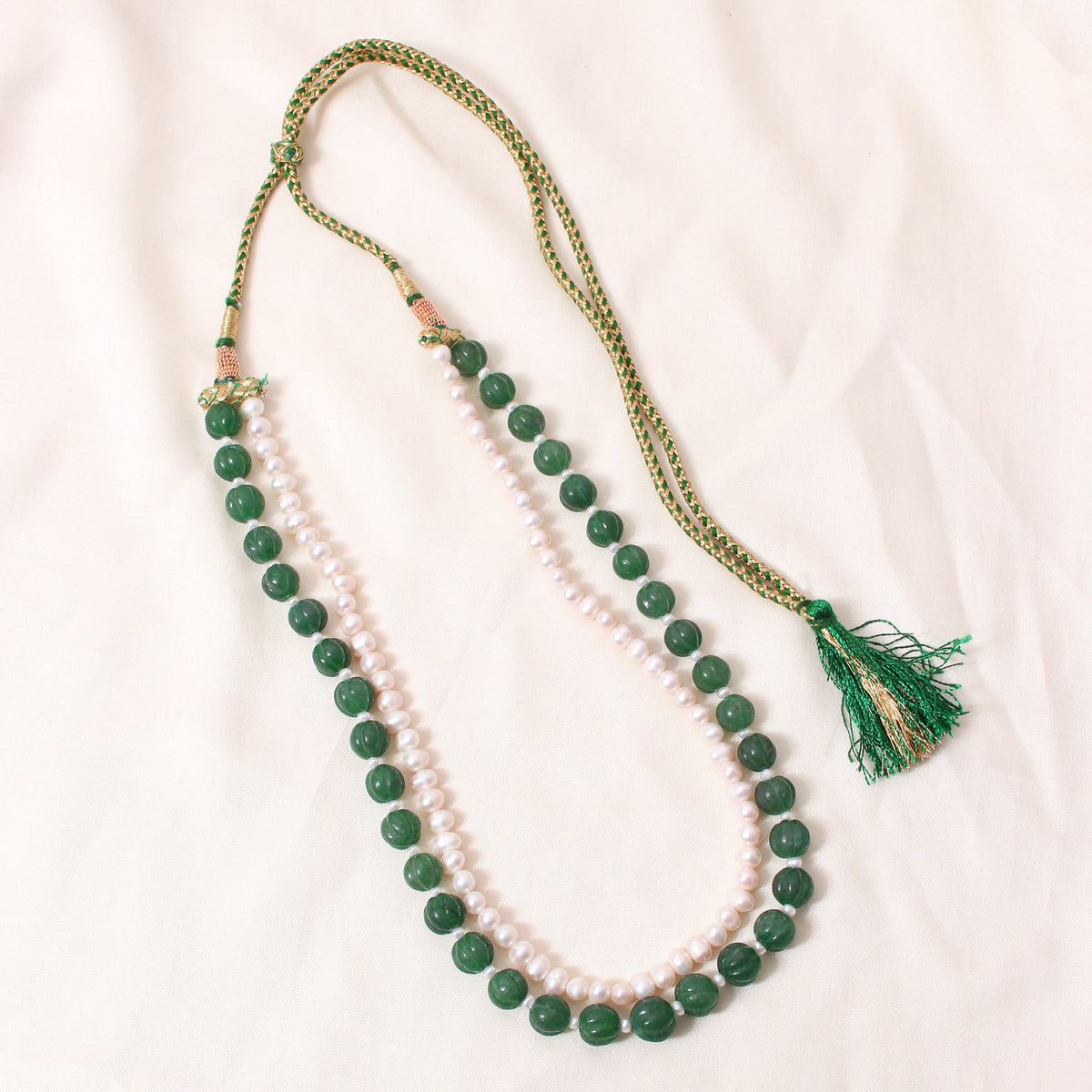 Green Aventurine & Pearl 2-Layer Gemstone Necklace – Plain Oval Muskmelon Beads | Elegant Healing Gemstone Jewelry