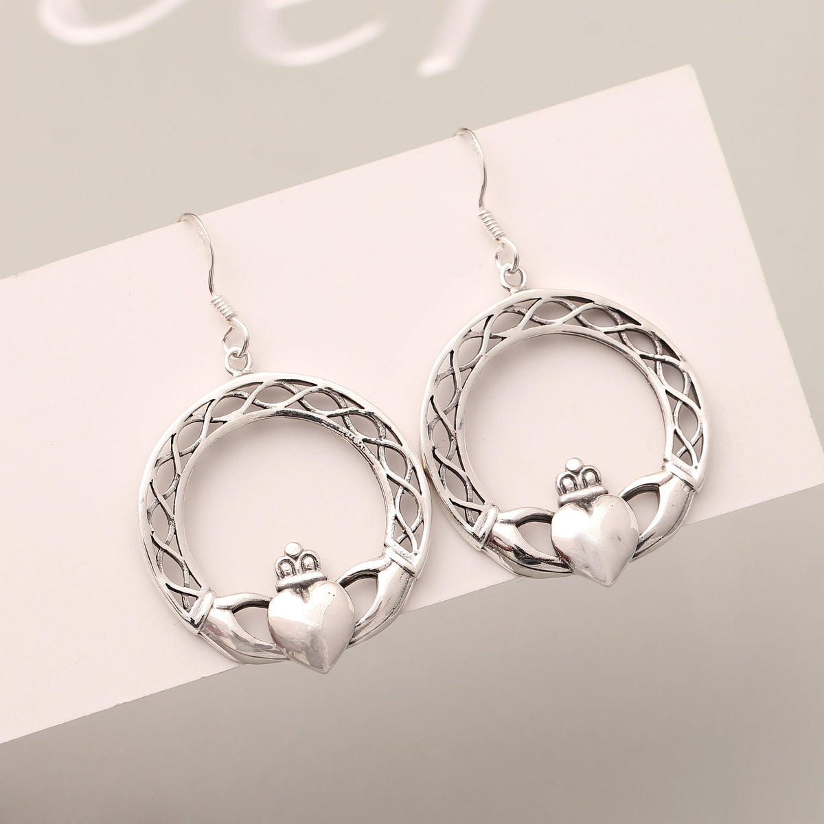 Sterling Silver Claddagh Circle Dangle Earrings – Symbol of Love, Loyalty & Friendship, Celtic Heart Crown Design