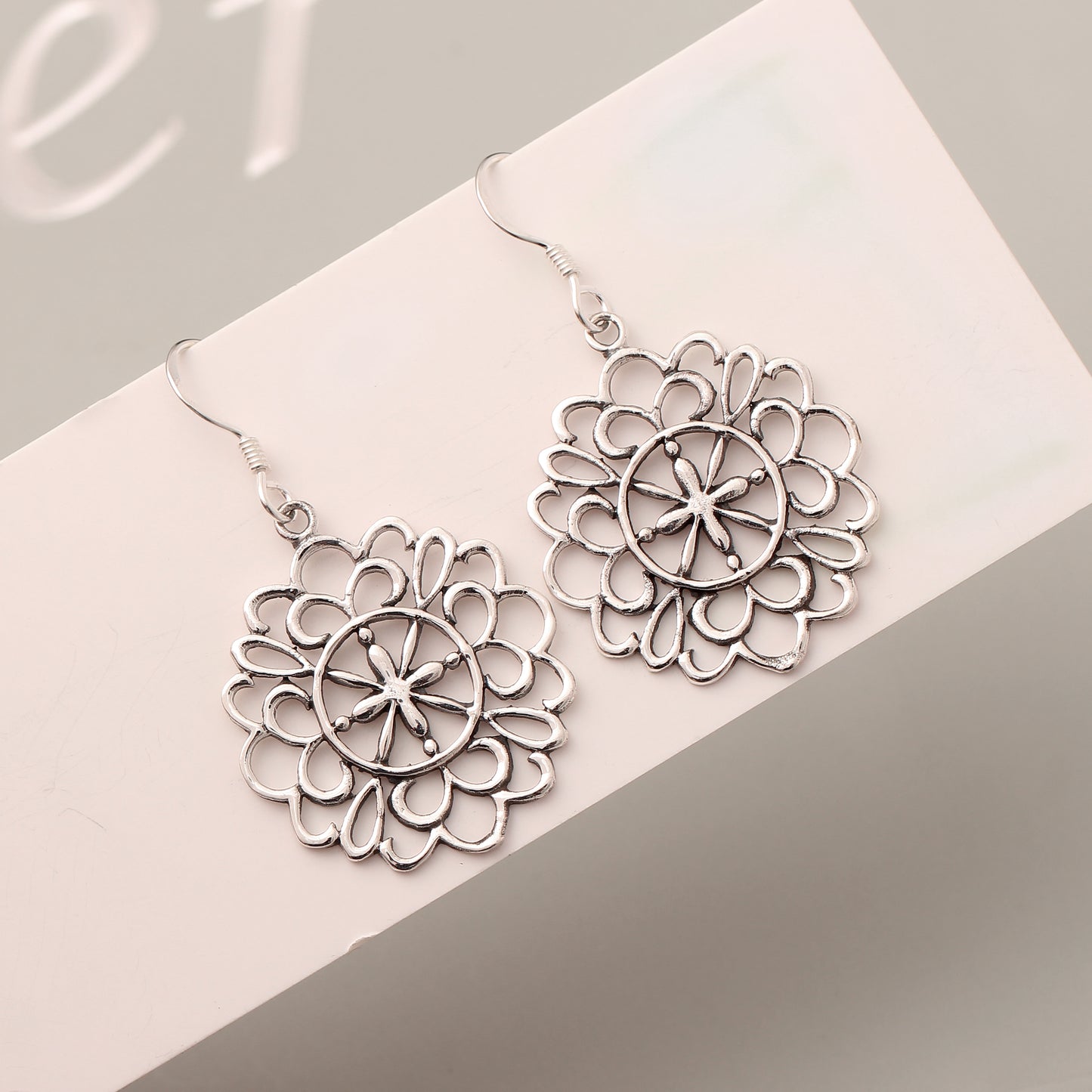 925 Sterling Silver Floral Mandala Dangle Earrings | Handmade Oxidized Silver Drop Earrings for Women