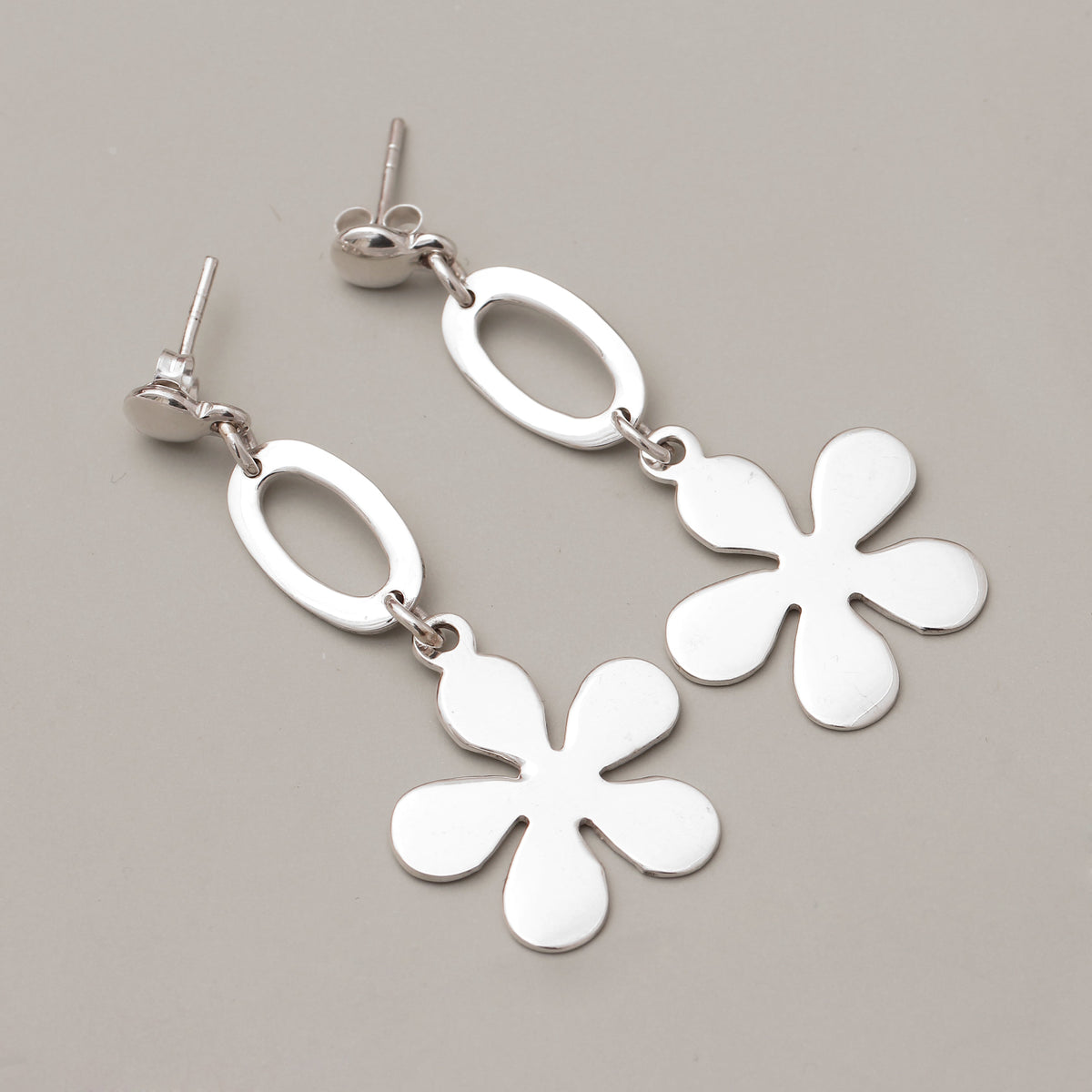 Sterling Silver Flower-Shaped Drop Earrings – Modern Floral Dangle Earrings, Minimalist Statement Jewelry for Women