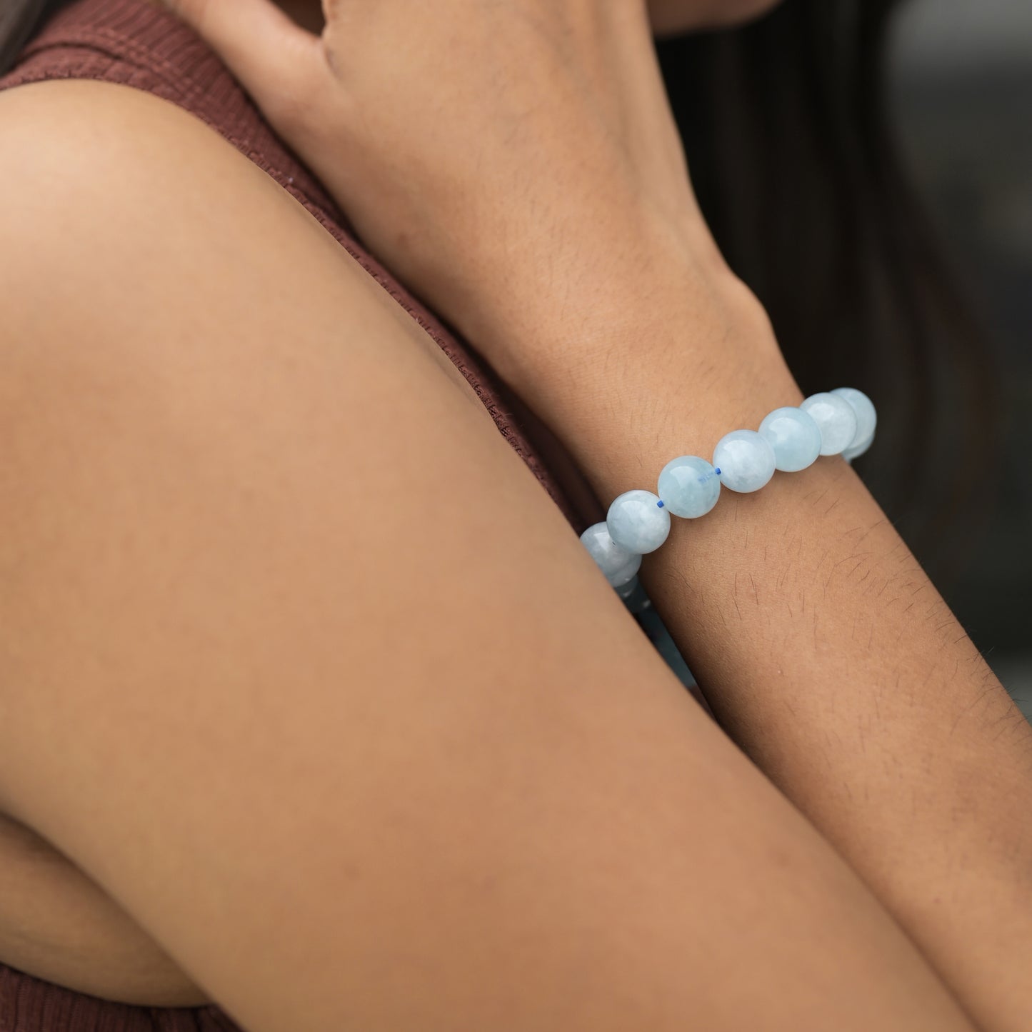 Aquamarine Gemstone Stretchable Bracelet | 11mm Smooth Round Beads Jewelry
