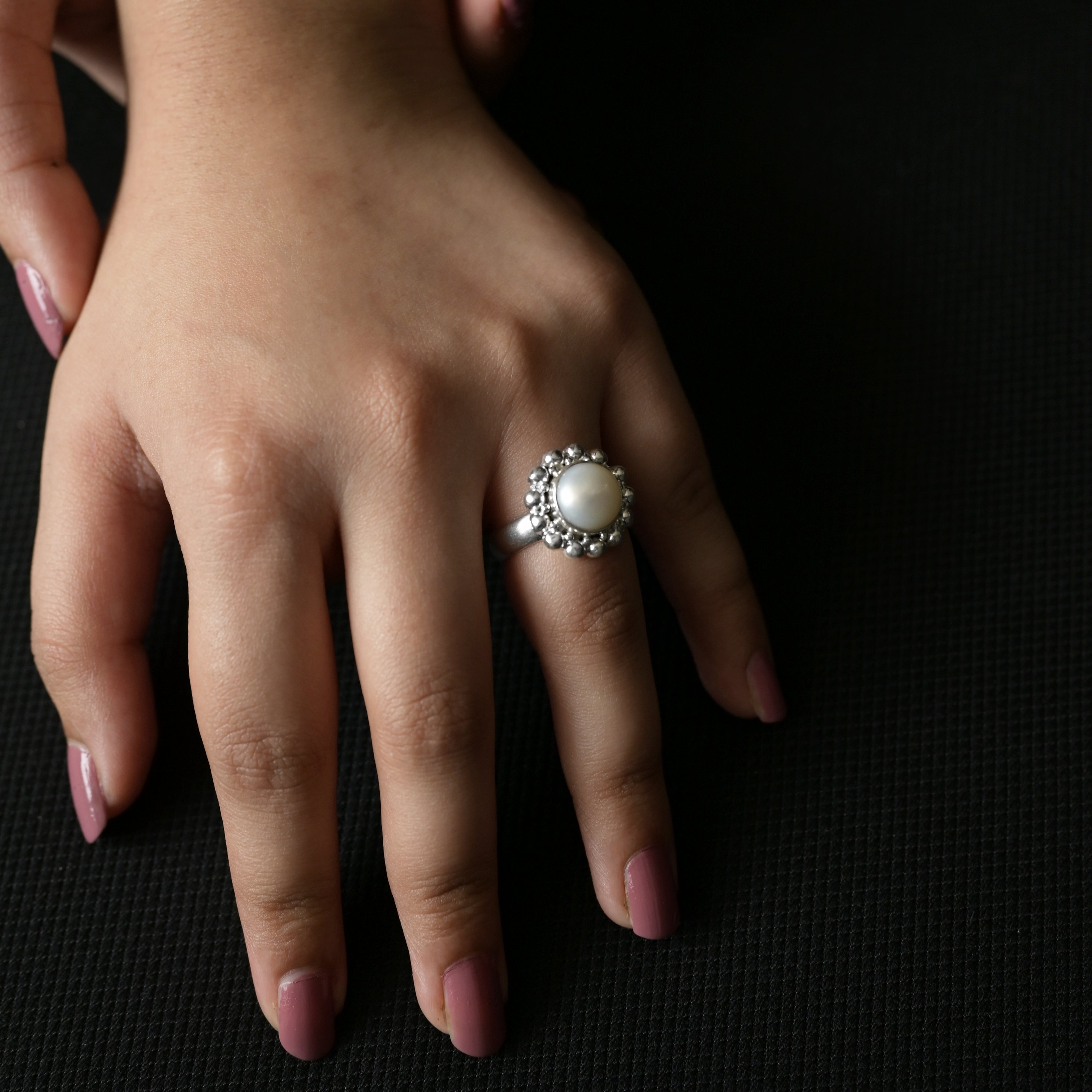 The Advitya Stone Pearl Moti Gemstone Silver Coated Ring for Women And Girls