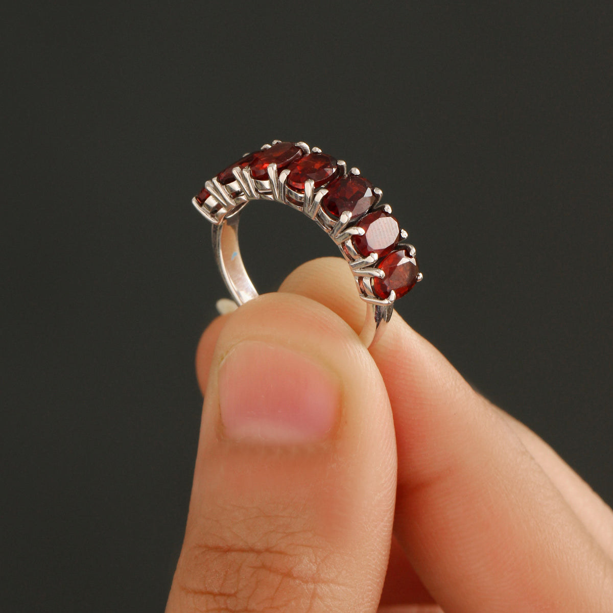 925 Sterling Silver Natural Garnet Half Eternity Ring For Wedding Anniversary Gift For Her Ring
