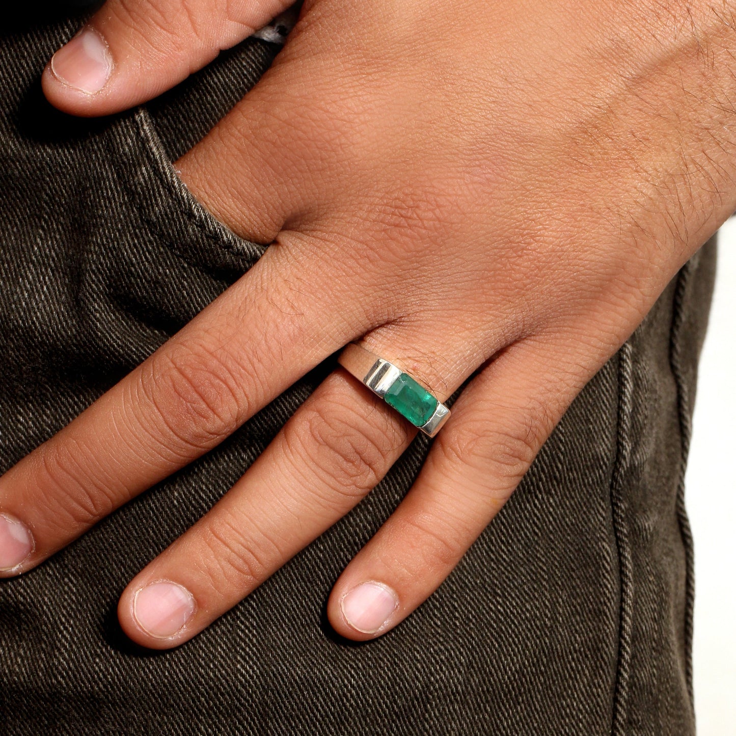925 Sterling Silver Natural Emerald Men’s Ring – Rectangular Green Emerald Sterling Silver Statement Ring