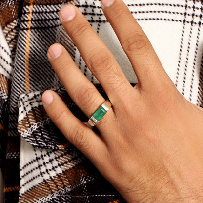 925 Sterling Silver Natural Emerald Men’s Ring – Rectangular Green Emerald Sterling Silver Statement Ring