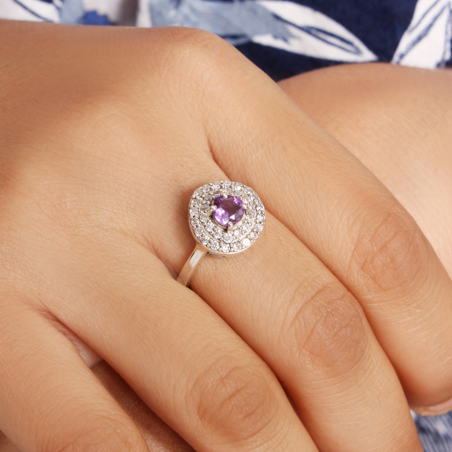 925 Sterling Silver Natural Amethyst Halo Ring | February Birthstone | Dainty Purple Gemstone Engagement Ring