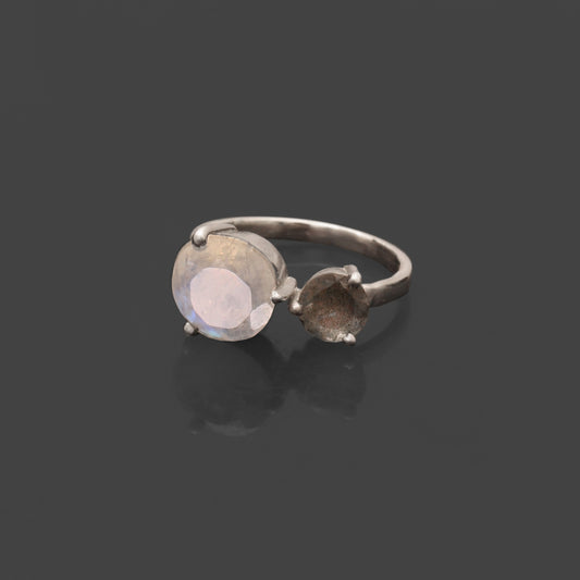 Labradorite and Rainbow Moonstone Silver Ring | Double Stone Daily wear Ring
