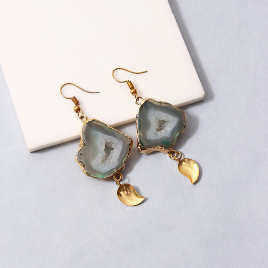 Green Druzy Gold plated earrings with golden charms