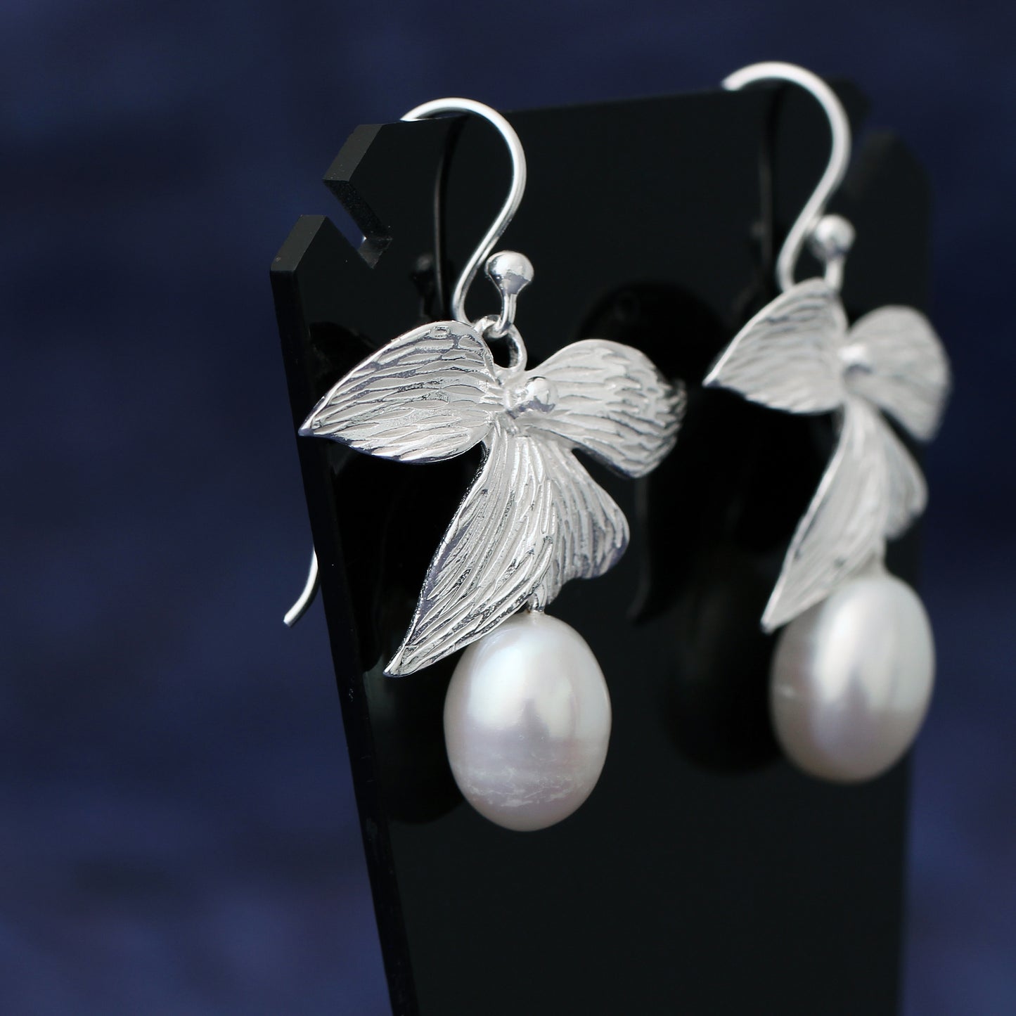 beautifully hand engraved orchid flower earring with pearl