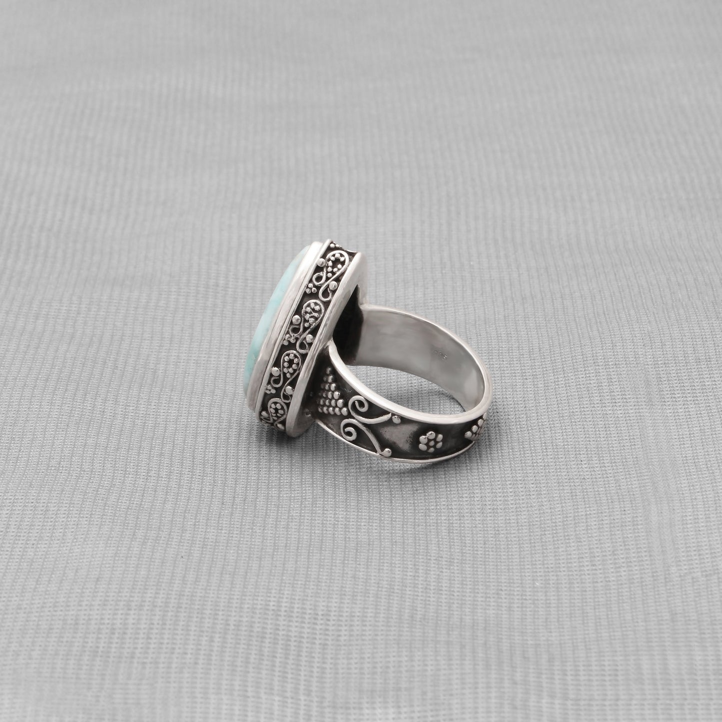 925 Silver Gothic Larimar Gemstone Ring 9.5 US | Handmade Engraved Ring