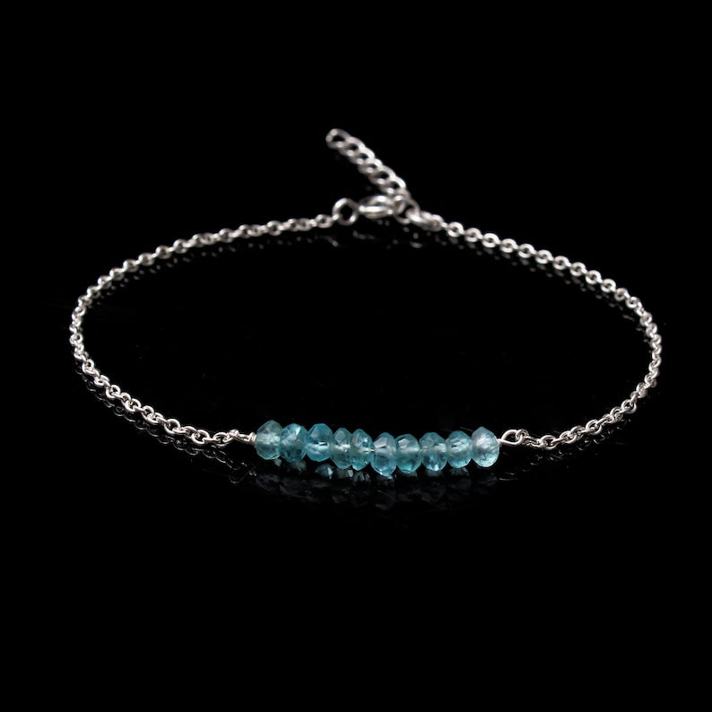 Natural Blue Apatite Bracelet, 925 Silver Bar Bracelet,