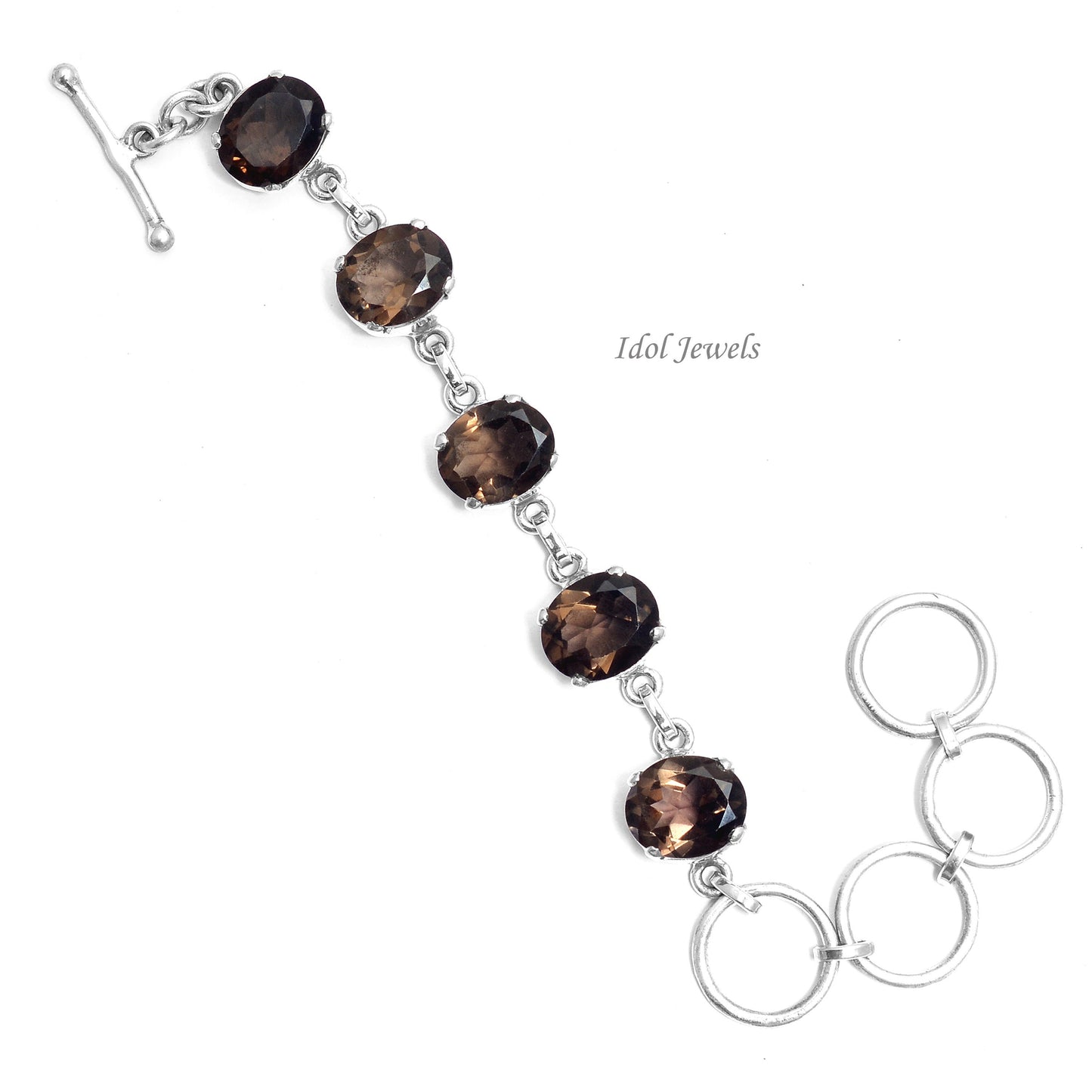 5 smoky quartz oval stones silver chain bracelet