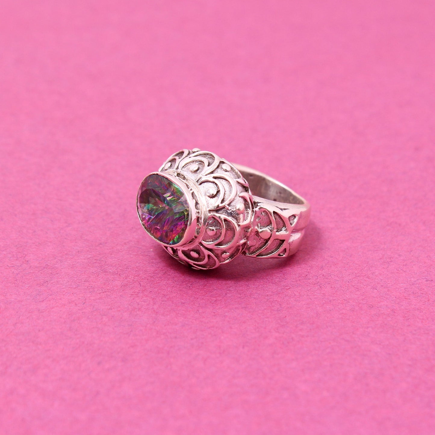 Beautiful Engraved Mystic Topaz Gemstone 925 Sterling Silver Ring GemsRush