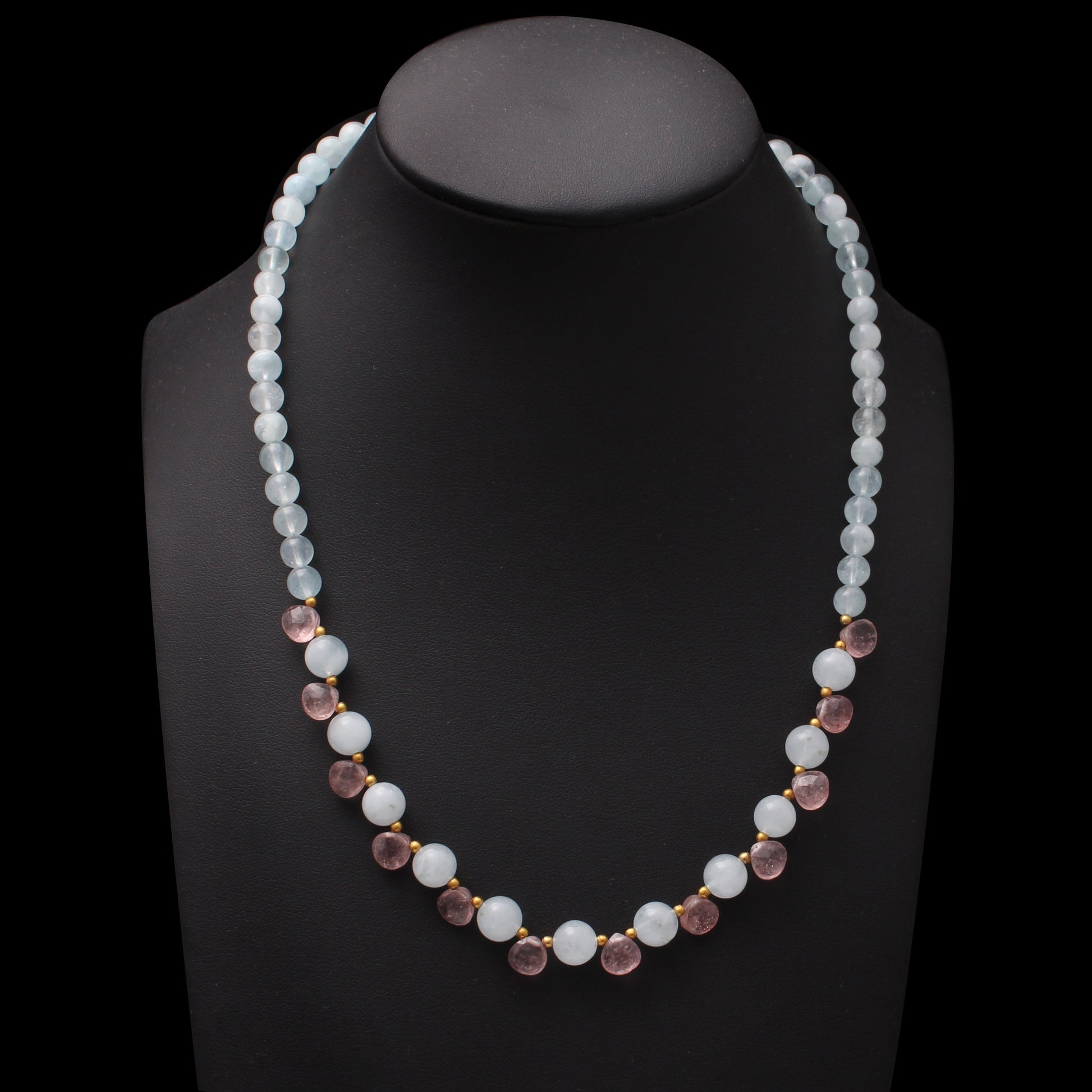 Blue Aquamarine Beaded Necklace, Aquamarine And Strawberry Quartz  Gemstone Designer Necklace GemsRush