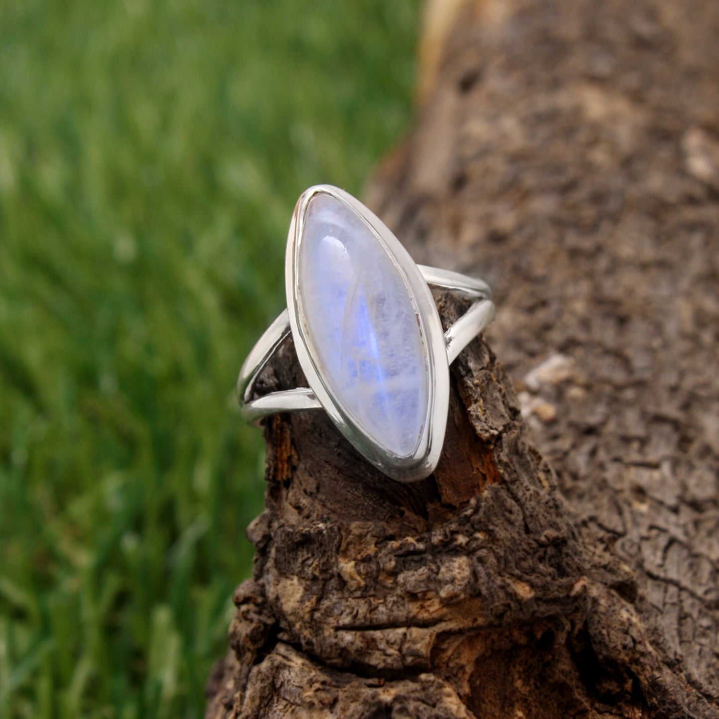 Blue Flashy Marquise Moonstone Silver Ring ( 5 3/4 us Ring Size ) GemsRush