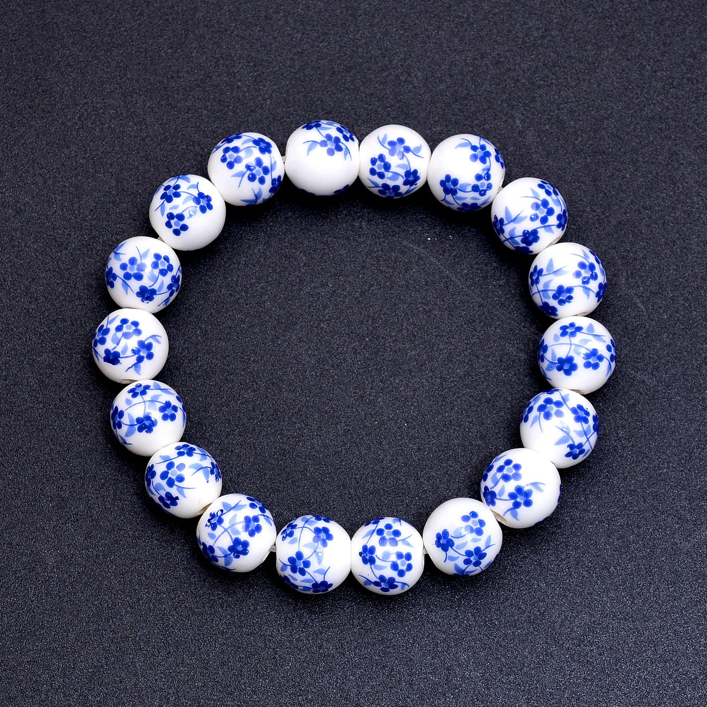 Blue Floral Ceramic Round Bead Stretch Bracelet GemsRush